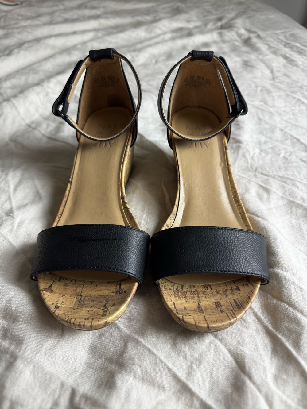 Naturalizer Black Leather Ankle-Strap Cork Wedges